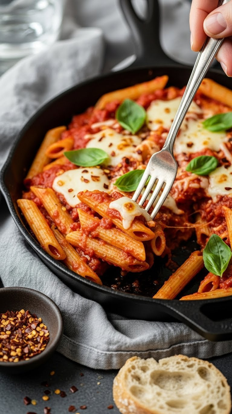 Spicy Arrabiata Baked Penne With Red Pepper Flakes And Melted Mozzarella In Cast Iron Skillet