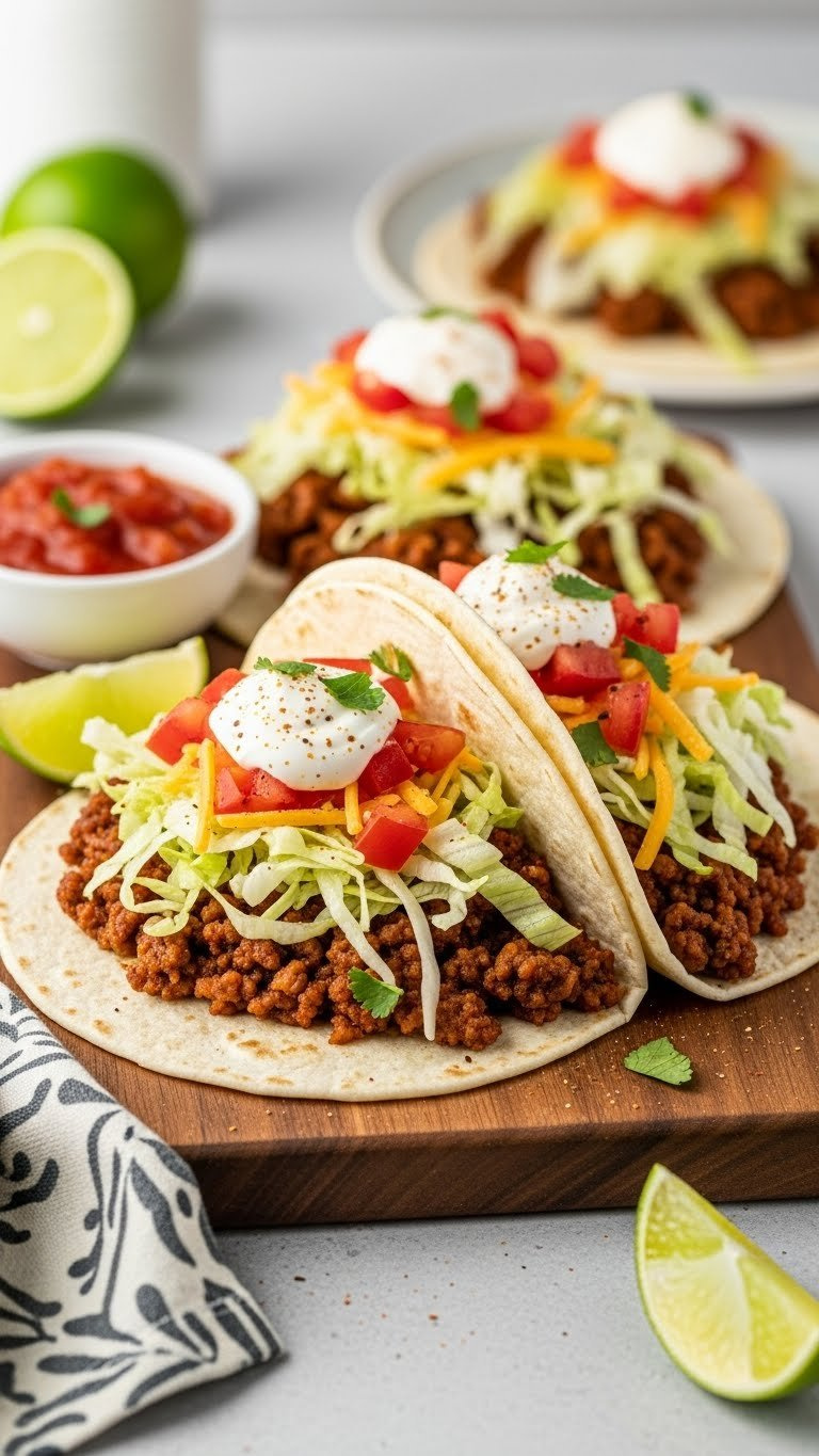Spicy Beef Tacos Filled With Seasoned Ground Beef, Lettuce, Tomatoes And Sour Cream