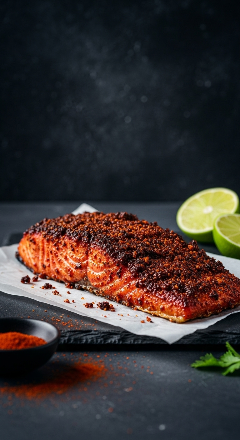 Spicy Brown Sugar Crusted Salmon Fillet On Parchment Paper With Smoked Paprika And Lime Wedge On Dark Slate
