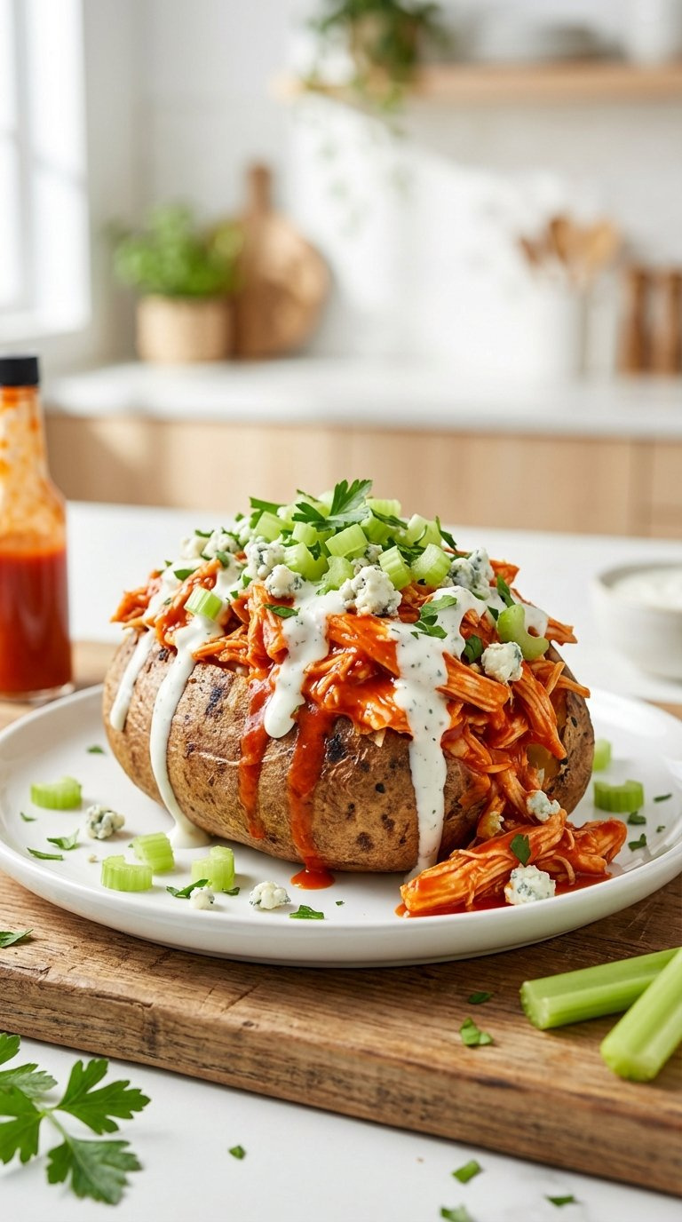 Spicy Buffalo Chicken Baked Potato With Blue Cheese Crumbles And Celery Garnish On White Ceramic Plate