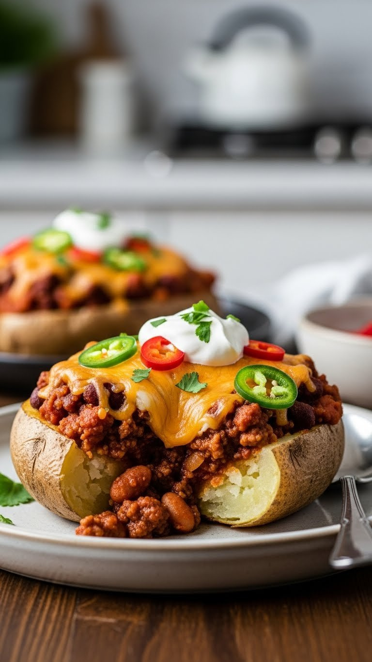 Spicy Chili Cheese Twice Baked Potatoes With Chunky Chili, Melted Cheddar Cheese, And Jalapeño Slices