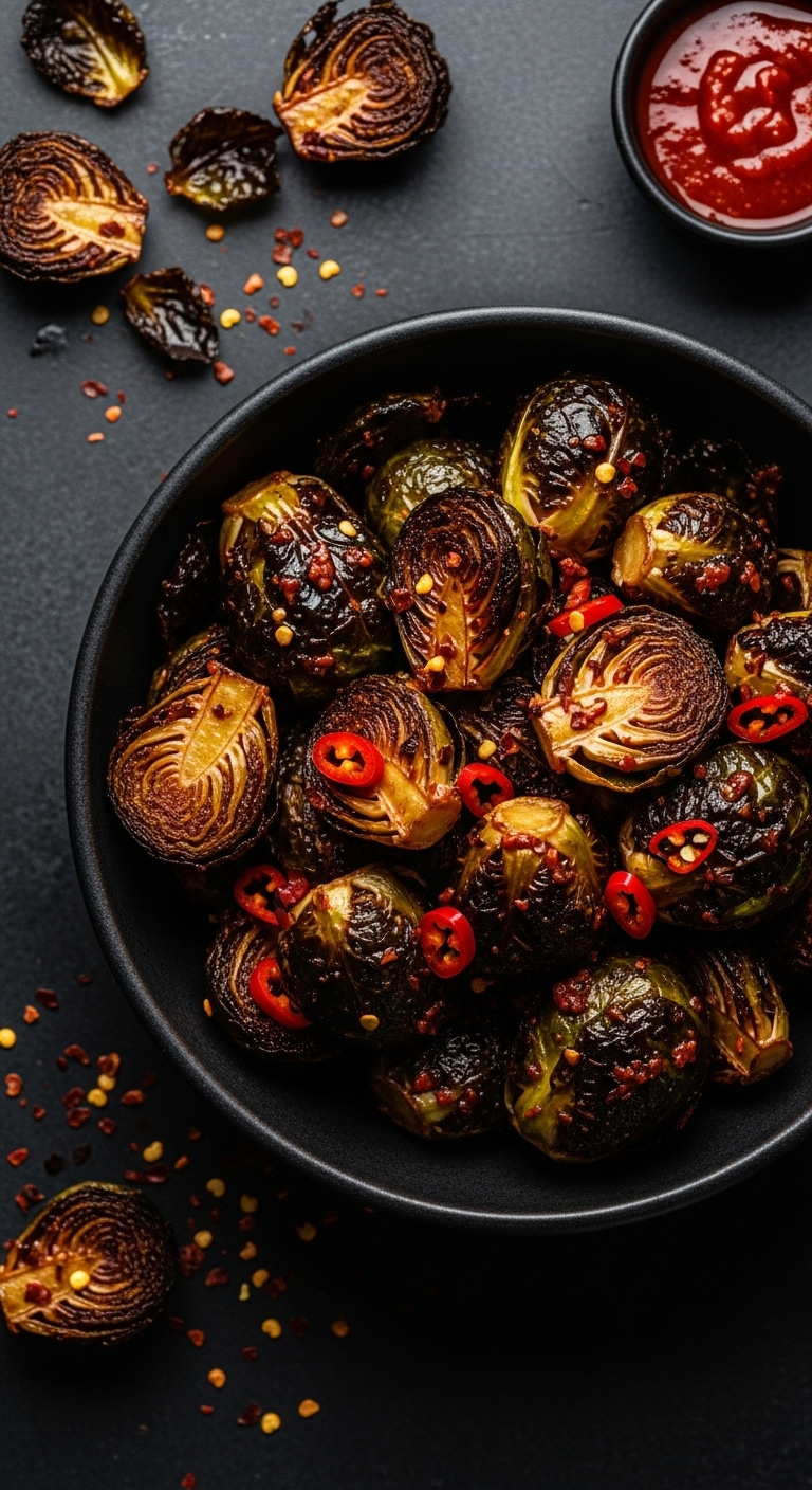 Spicy Chili Garlic Roasted Frozen Brussels Sprouts Coated In Red Sauce And Pepper Flakes In A Dark Ceramic Bowl