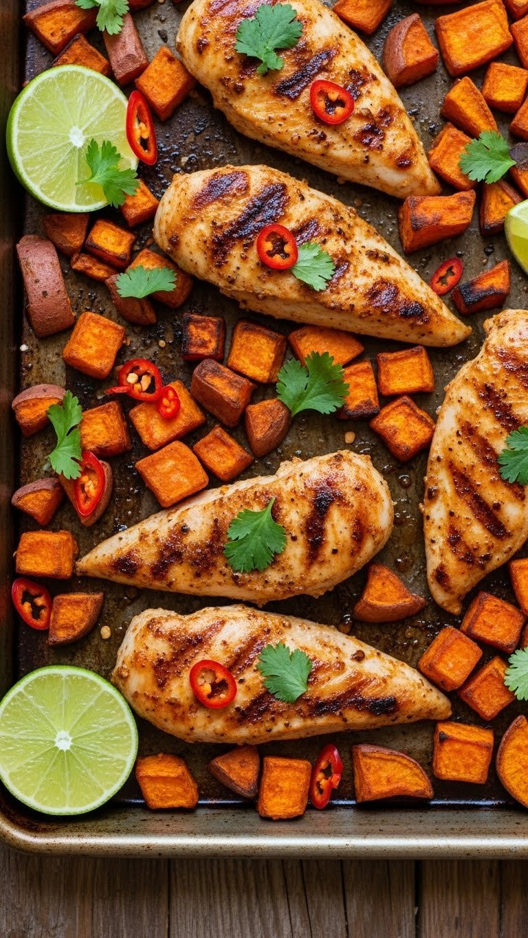 Spicy Chili-Lime Chicken Strips With Roasted Sweet Potatoes On Baking Sheet With Fresh Cilantro Garnish