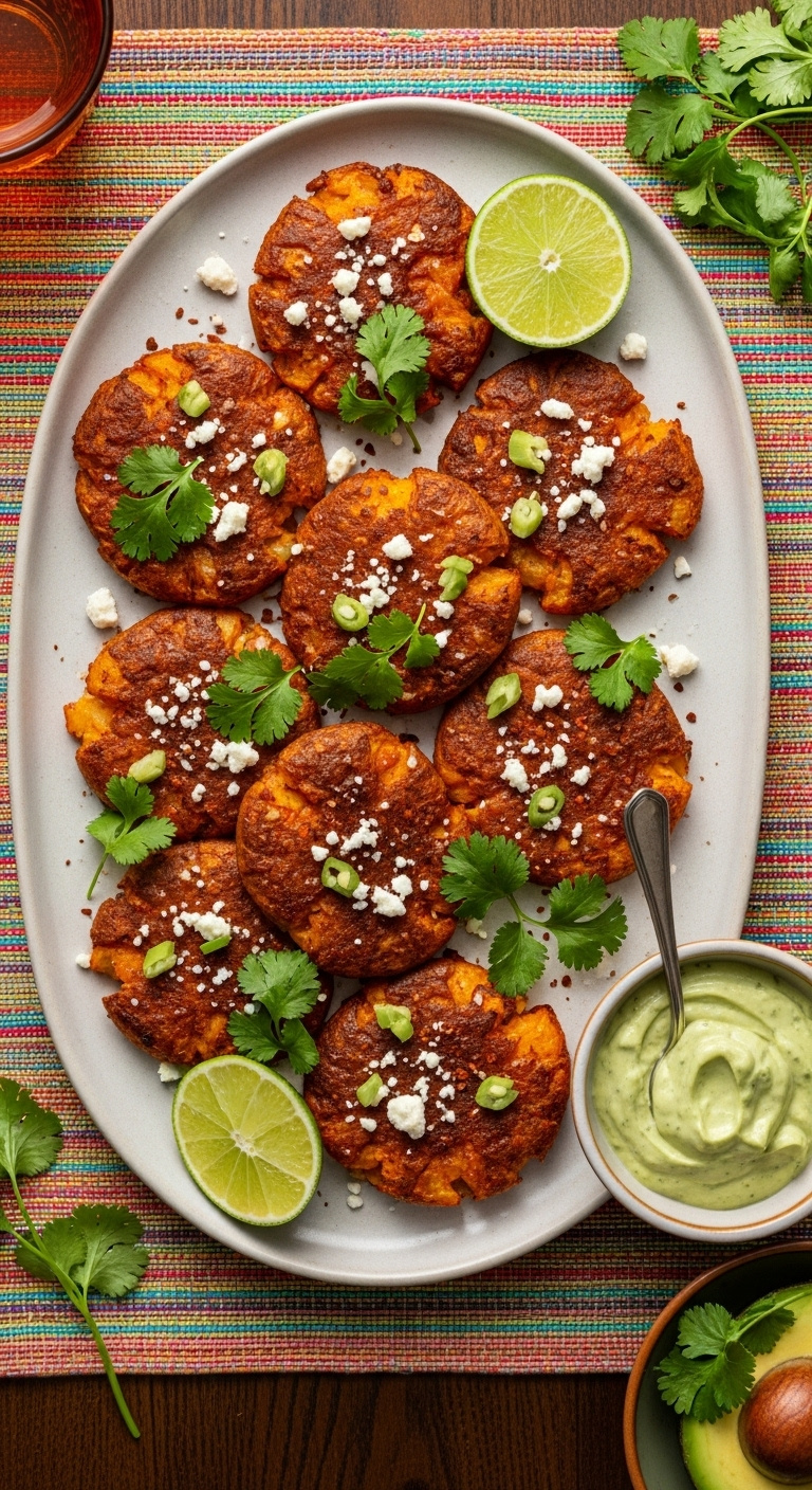 Spicy Chipotle Smashed Potatoes With Cilantro Cotija Cheese And Lime Wedge On A Colorful Placemat