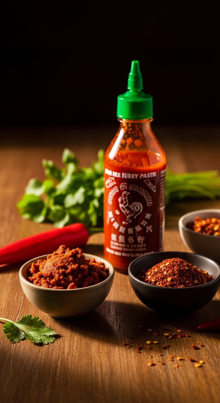 Spicy Condiments For Thai Cooking Featuring Red Curry Paste, Sriracha, And Red Pepper Flakes On Rustic Wood.