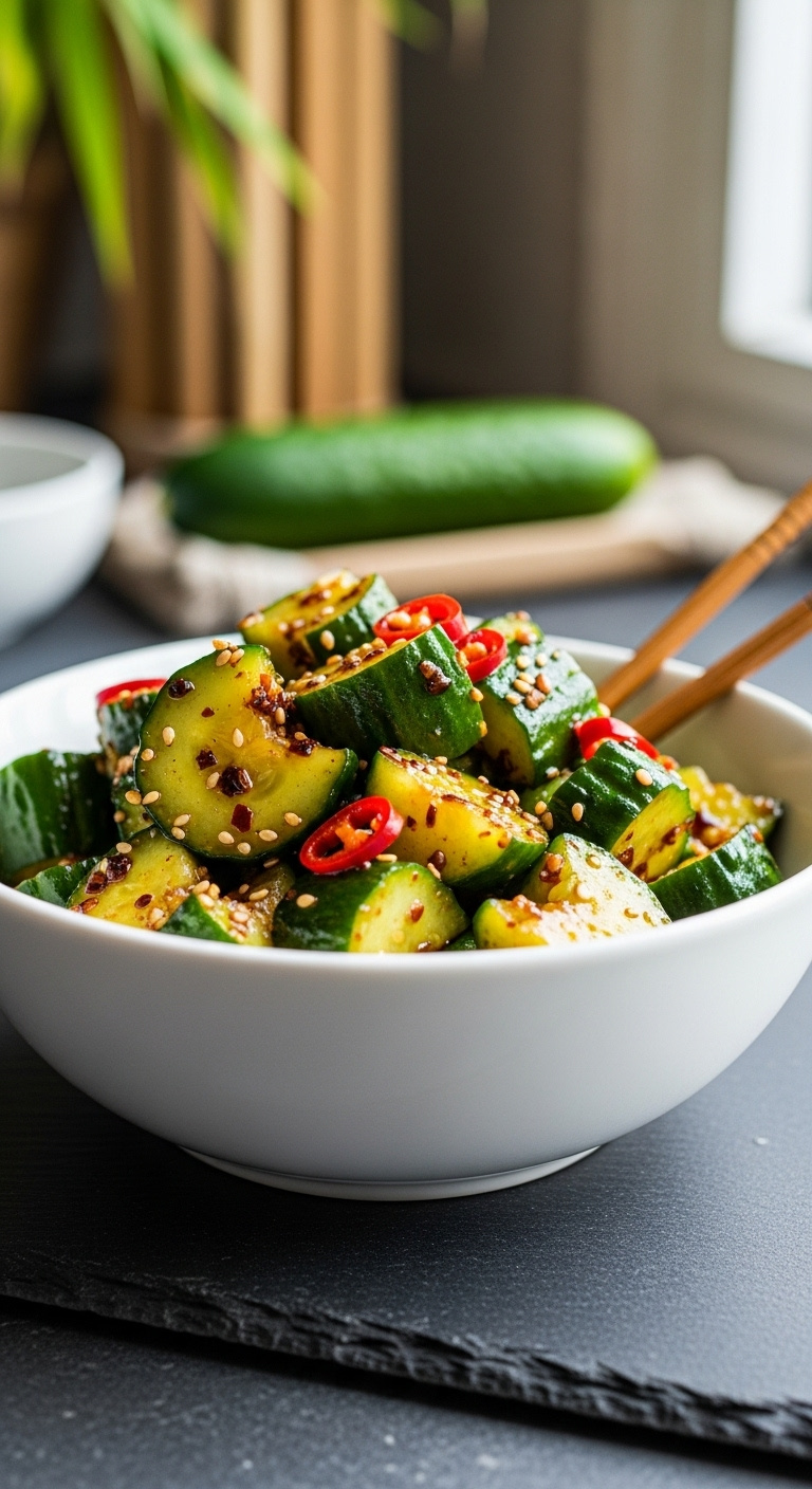 Spicy Cucumber Salad With Garlic-Soy Dressing Chili Flakes And Sesame Seeds In A White Bowl With Chopsticks