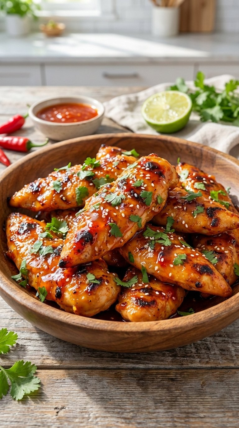 Spicy Honey Sriracha Baked Chicken Tenders Glistening With Red-Orange Glaze And Fresh Cilantro Garnish