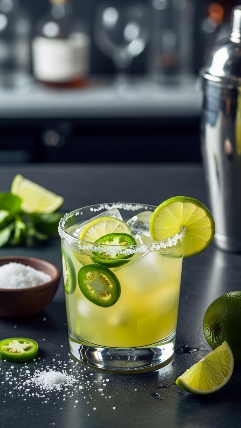 Spicy Jalapeño Margarita In Salt-Rimmed Glass With Fresh Jalapeño Slices And Lime Wheel Floating Over Ice Cubes.