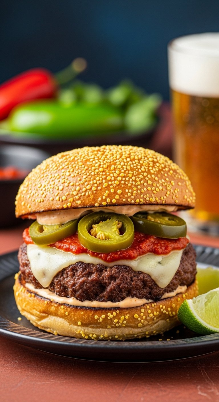 Spicy Jalapeño Pepper Jack Cheese Slider With Chipotle Aioli And Lime Wedge On Dark Plate.