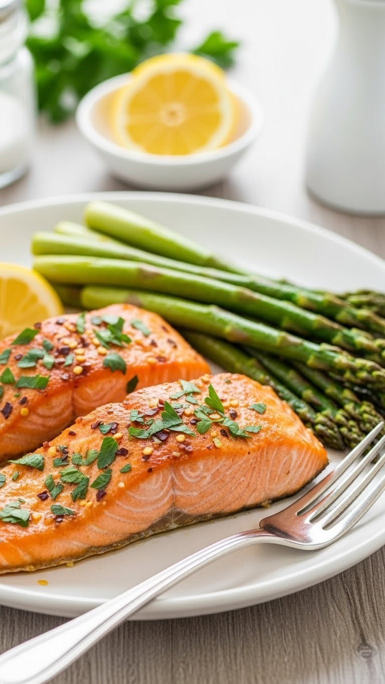 Spicy Lemon Herb Salmon Fillets With Roasted Asparagus Spears On White Ceramic Plate With Fresh Herbs