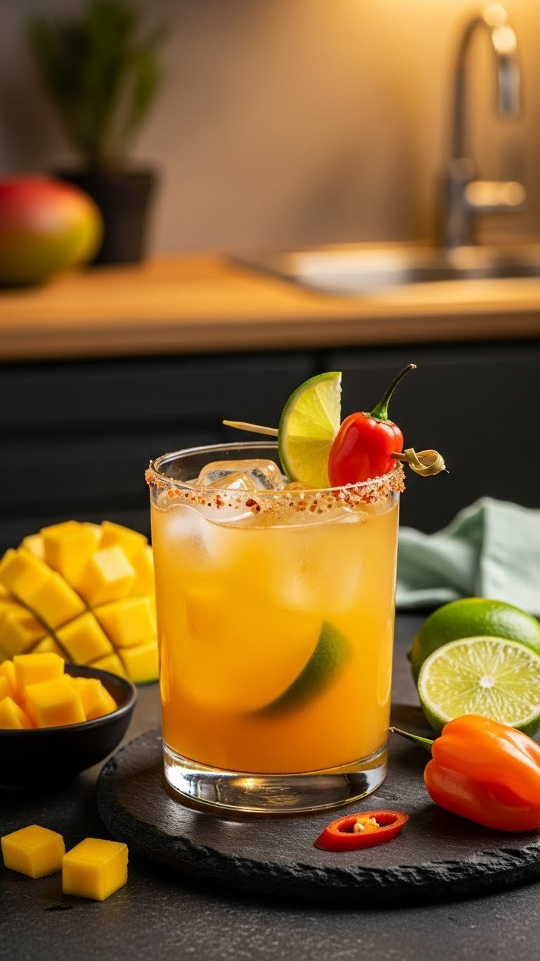 Spicy Mango Habanero Mocktail With Chili-Lime Salt Rim On Dark Stone Surface With Tropical Backdrop