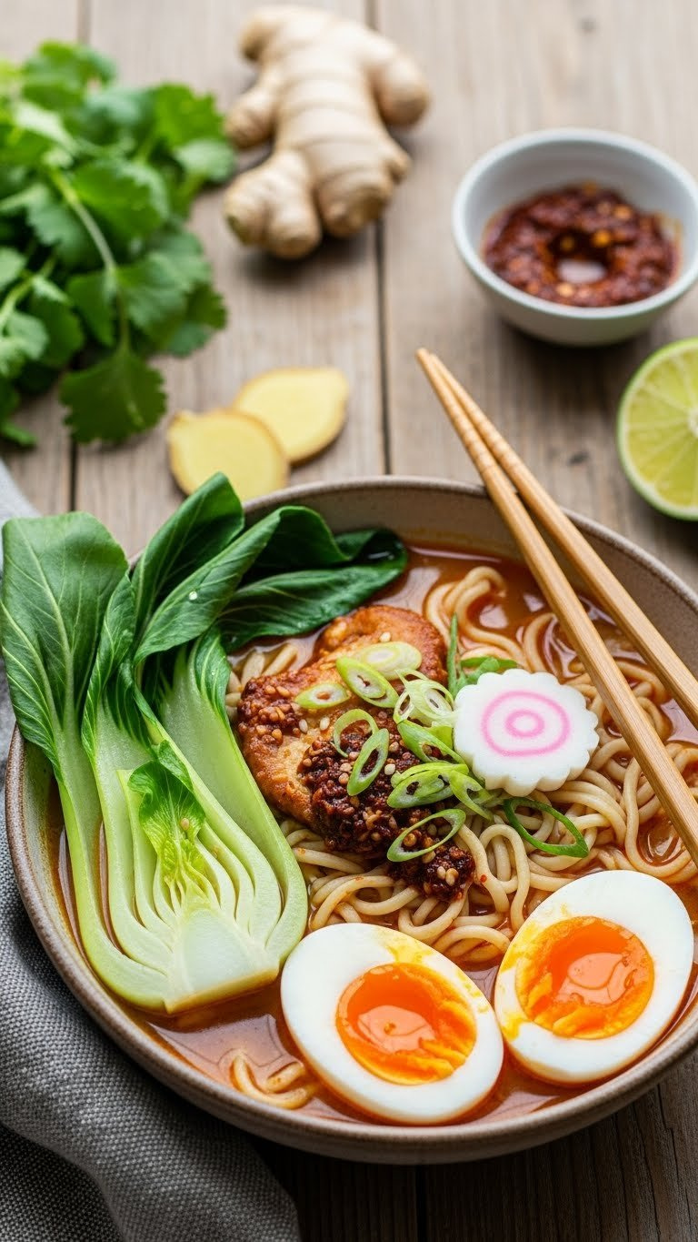 Spicy Miso Ramen With Jammy Eggs And Bok Choy In Ceramic Bowl With Chopsticks Nearby