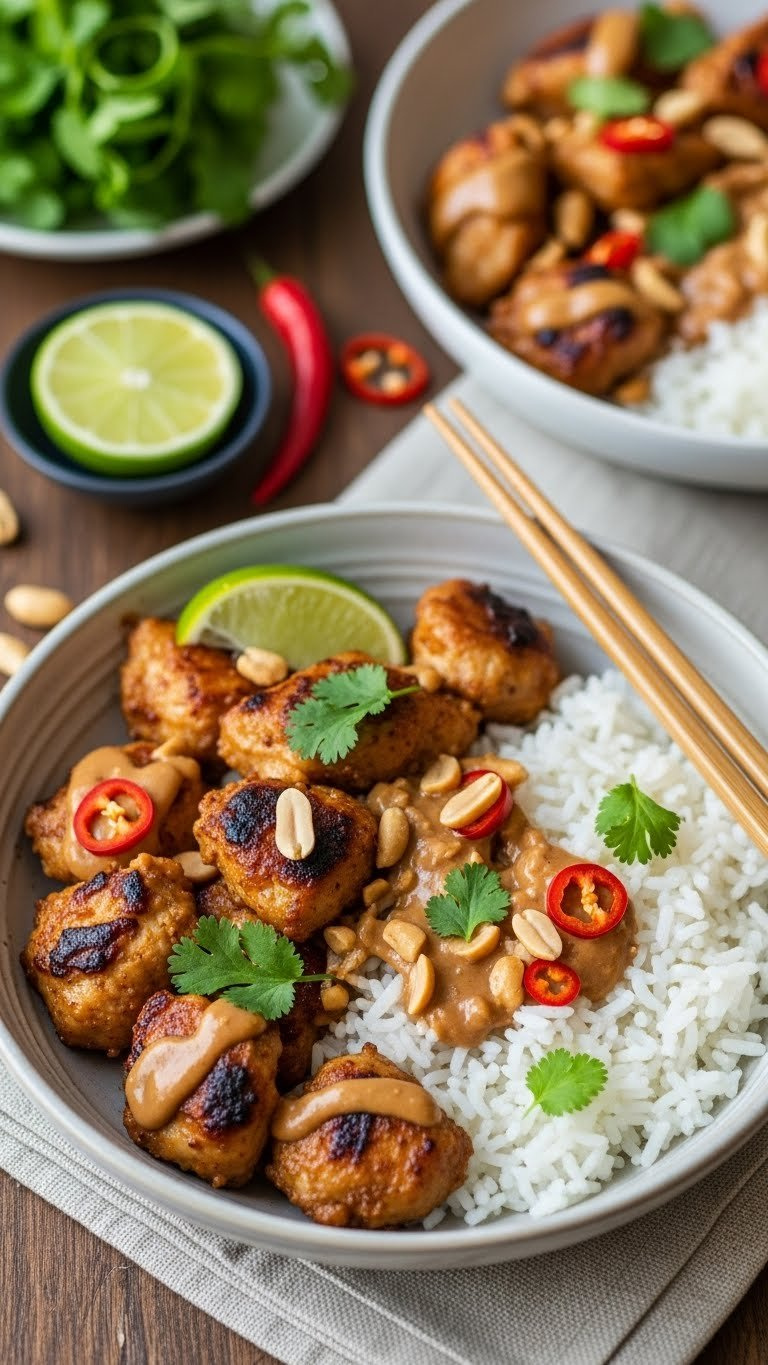 Spicy Peanut Chicken With White Rice And Cilantro Garnish In Shallow Serving Bowl