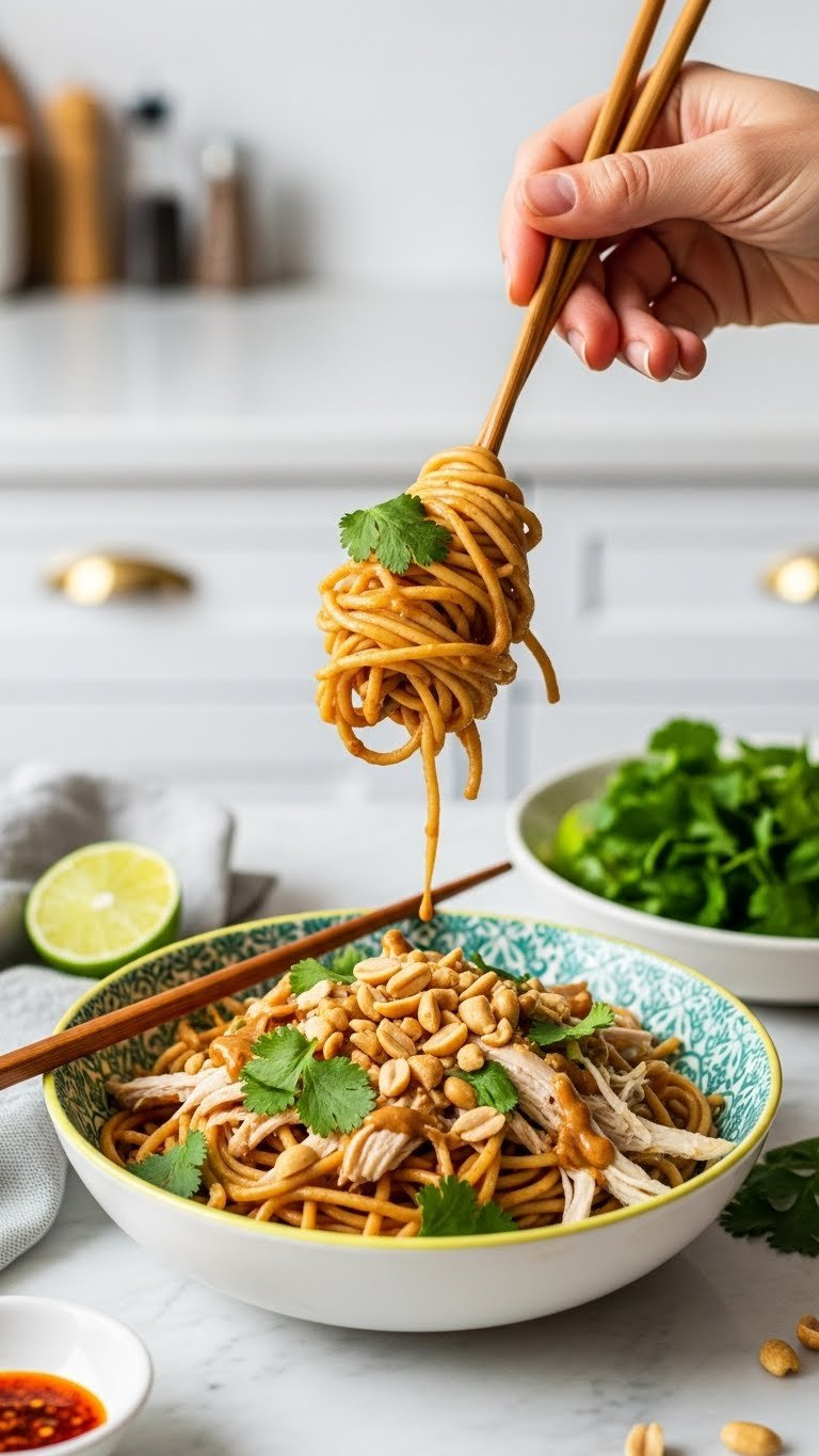 Spicy Peanut Noodles With Shredded Chicken, Crunchy Peanuts, And Fresh Cilantro In Colorful Ceramic Bowl On Marble Countertop
