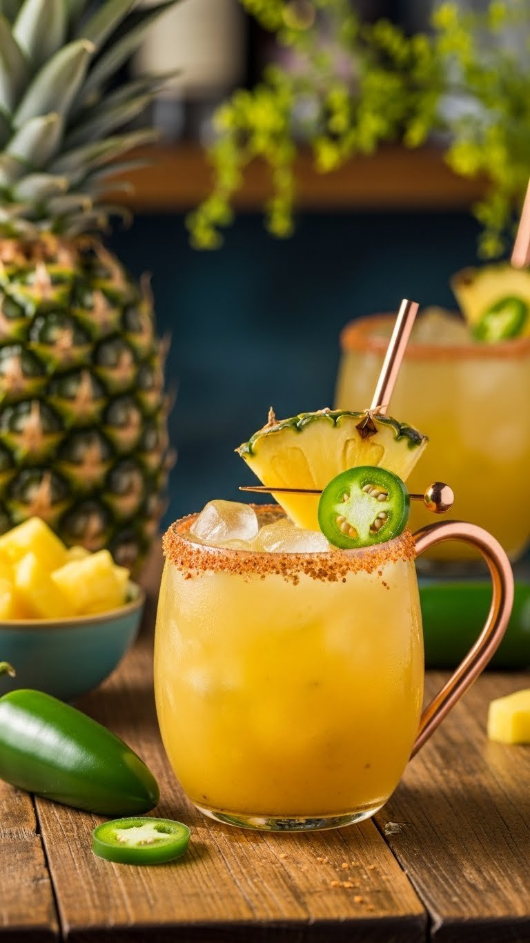 Spicy Pineapple Jalapeño Swizzle Mocktail In Copper Mule Mug With Charred Pineapple Wedge And Sliced Jalapeño Garnish