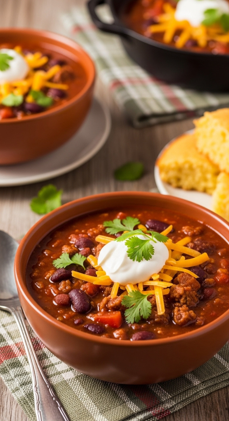 Spicy Pumpkin Chili With Sour Cream Cheese And Cilantro In A Rustic Bowl With Cornbread