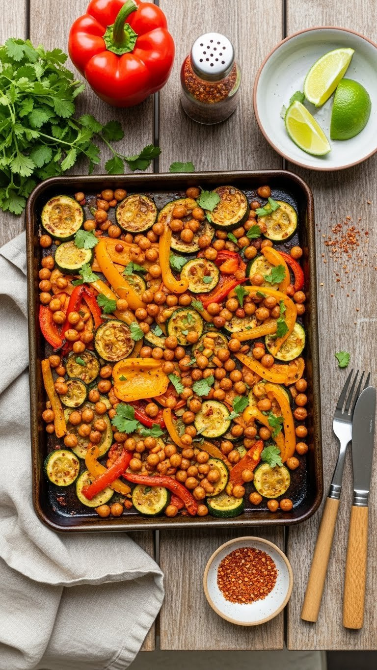 Spicy Roasted Zucchini And Chickpeas Sheet Pan Dinner With Colorful Bell Peppers On Rustic Wooden Table With Cilantro Garnish