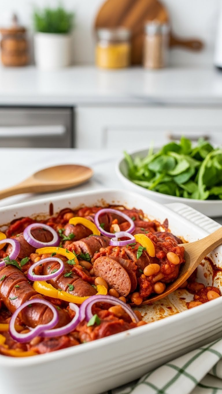 Spicy Sausage And Bean Bake Bubbling In White Ceramic Casserole Dish With Red Onions And Bell Peppers On Kitchen Counter