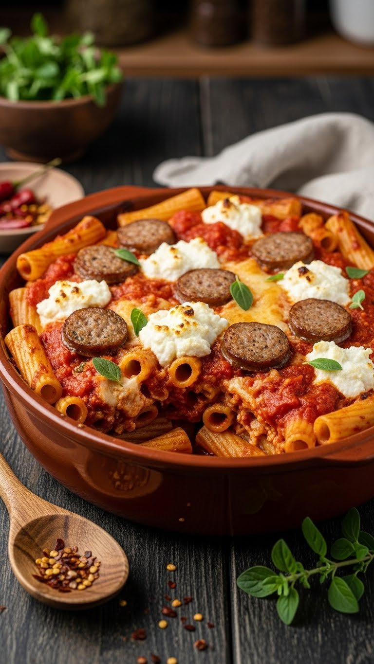 Spicy Sausage And Ricotta Baked Pasta With Italian Sausage Chunks And Bubbling Golden-Brown Crust In Rustic Dish.