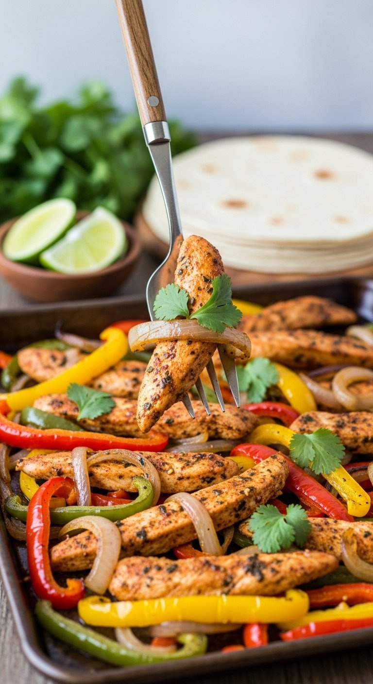 Spicy Sheet Pan Chicken Fajitas With Colorful Bell Peppers Onions And Fresh Cilantro.