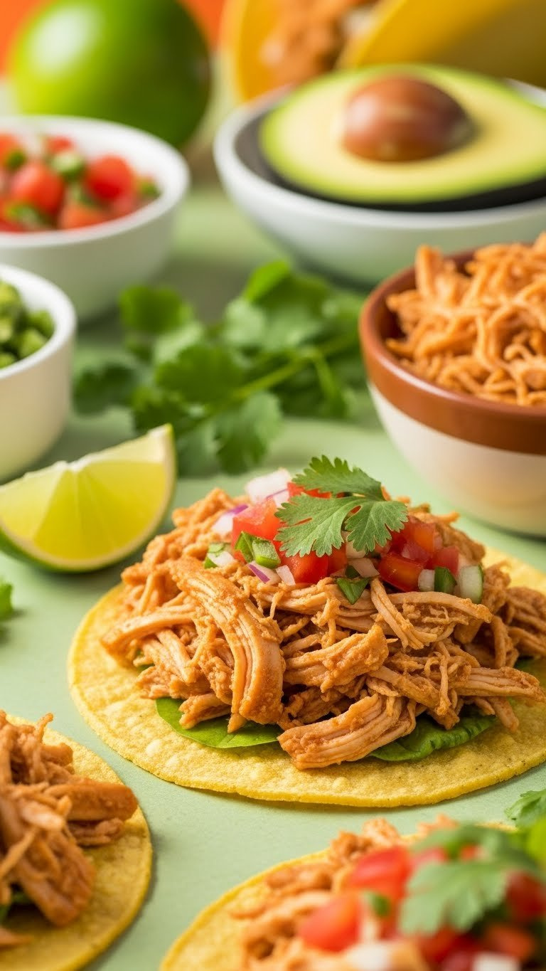 Spicy Shredded Instant Pot Chicken Breast On A Warm Corn Tortilla With Lime And Cilantro, Ready For Delicious Tacos.