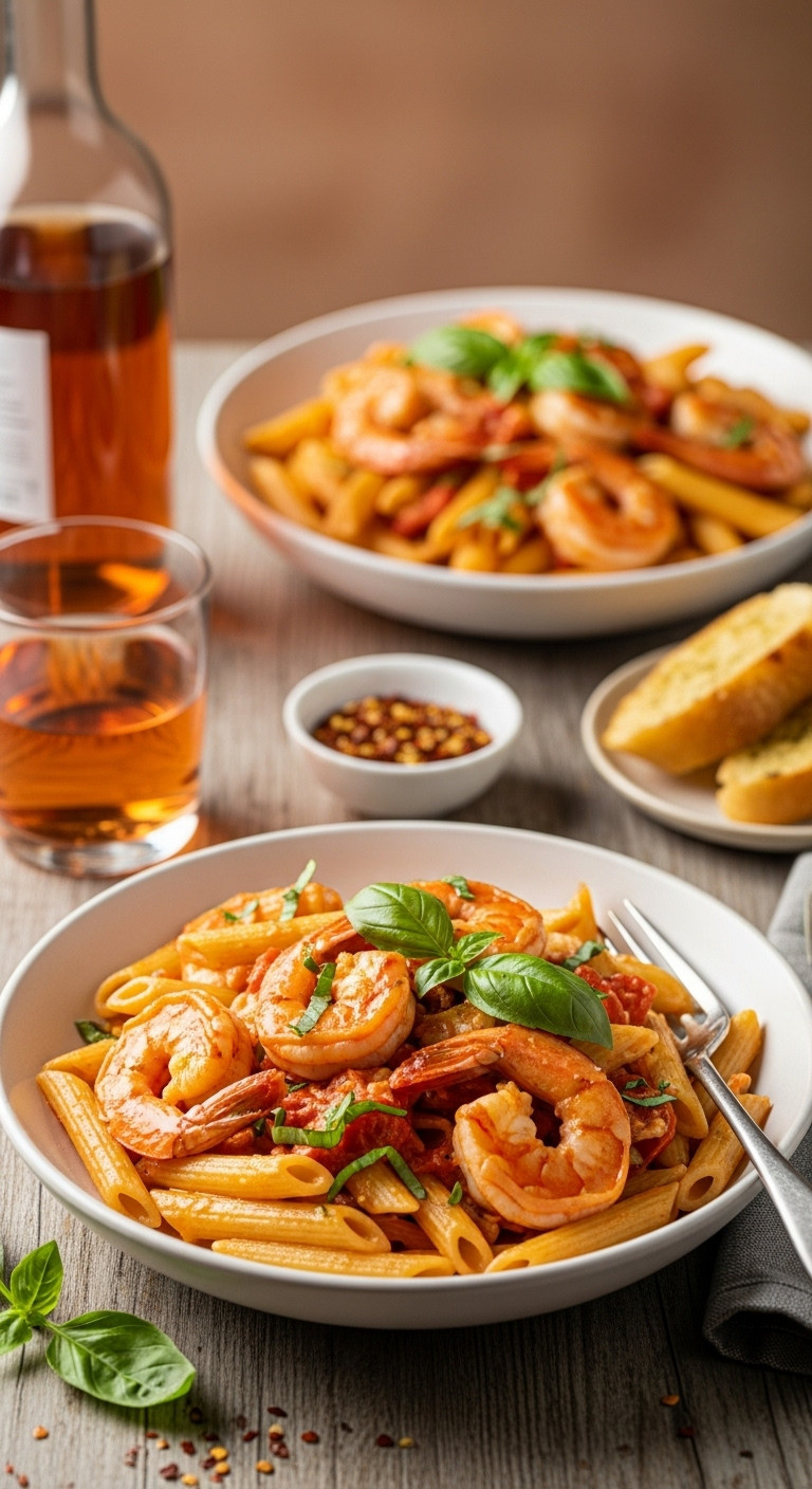 Spicy Shrimp And Penne Pasta In Creamy Tomato Sauce With Red Pepper Flakes And Basil On A Rustic Wooden Table