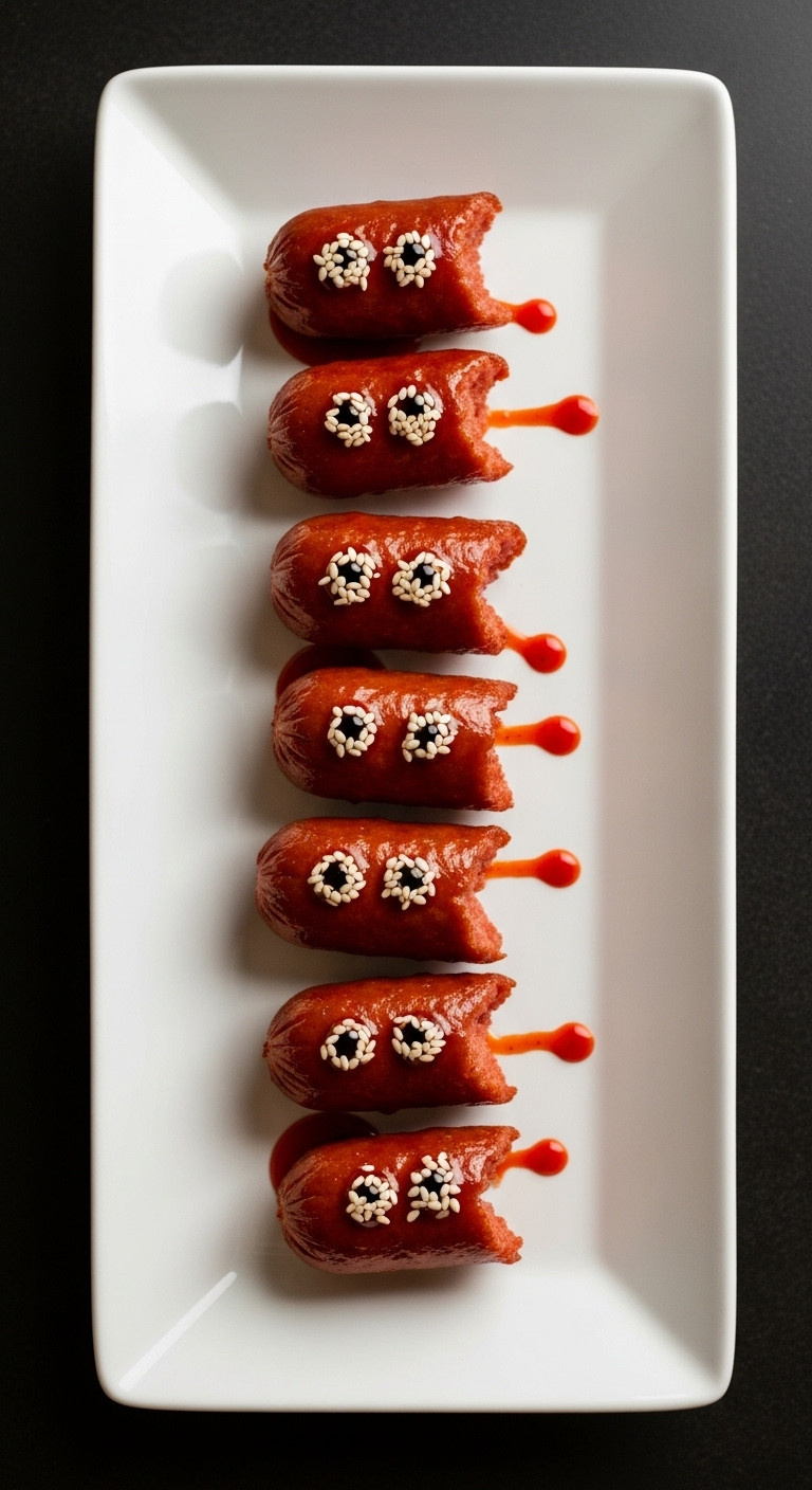 Spicy Sriracha Vampire Bite Smokies On A White Platter With Sesame Seed Bite Marks And Red Glaze