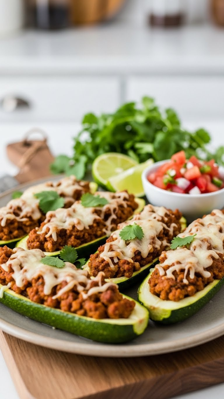 Spicy Zucchini Boats Stuffed With Ground Turkey And Melted Cheese On Rustic Wooden Platter