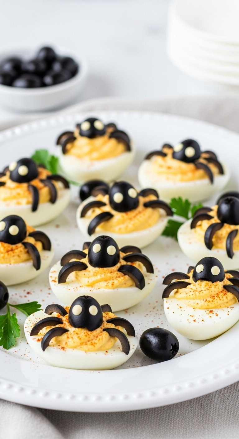 Spider Deviled Eggs With Black Olive Spiders On A White Ceramic Platter With Paprika Garnish For Creepy Halloween Finger Food