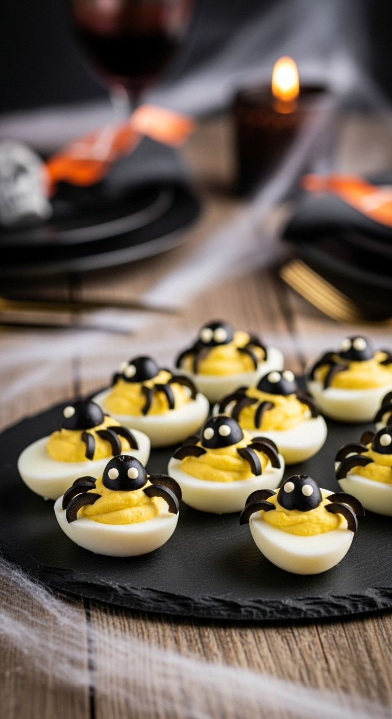 Spider Themed Deviled Eggs With Black Olive Spiders On A Dark Slate Platter With Halloween Tablescape Background