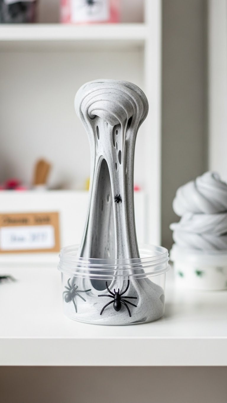 Spider Web Slime Stored In Clear Airtight Plastic Container With Visible Embedded Spiders For Safe Keeping