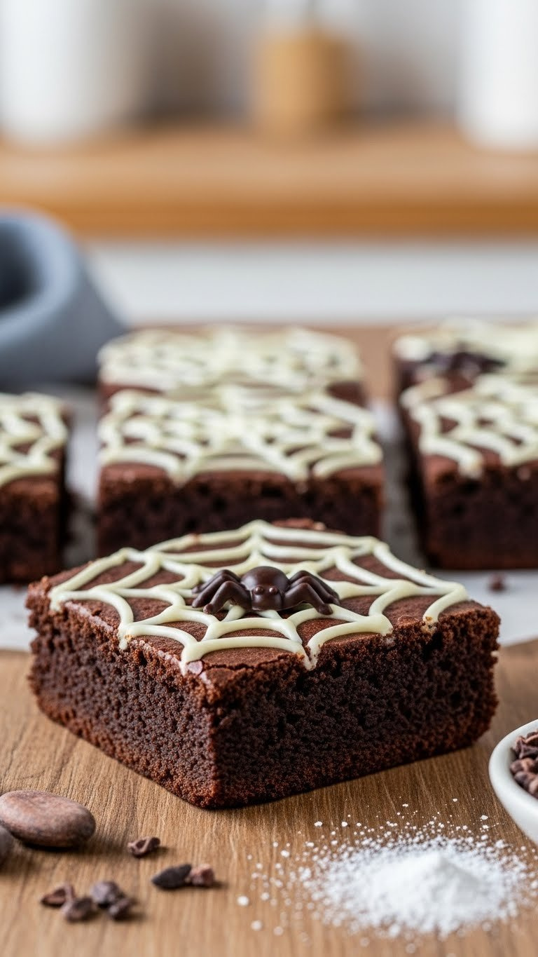Spiderweb Brownie Square With White Drizzle Design And Chocolate Spider On Rustic Wooden Table With Cocoa Nibs
