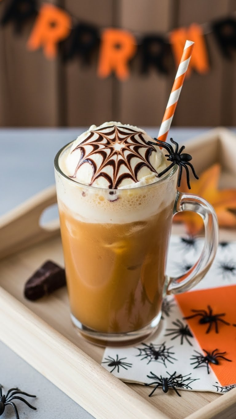 Spiderweb Cream Soda Float With Chocolate Syrup Pattern And Plastic Spider Perched On Glass Rim.