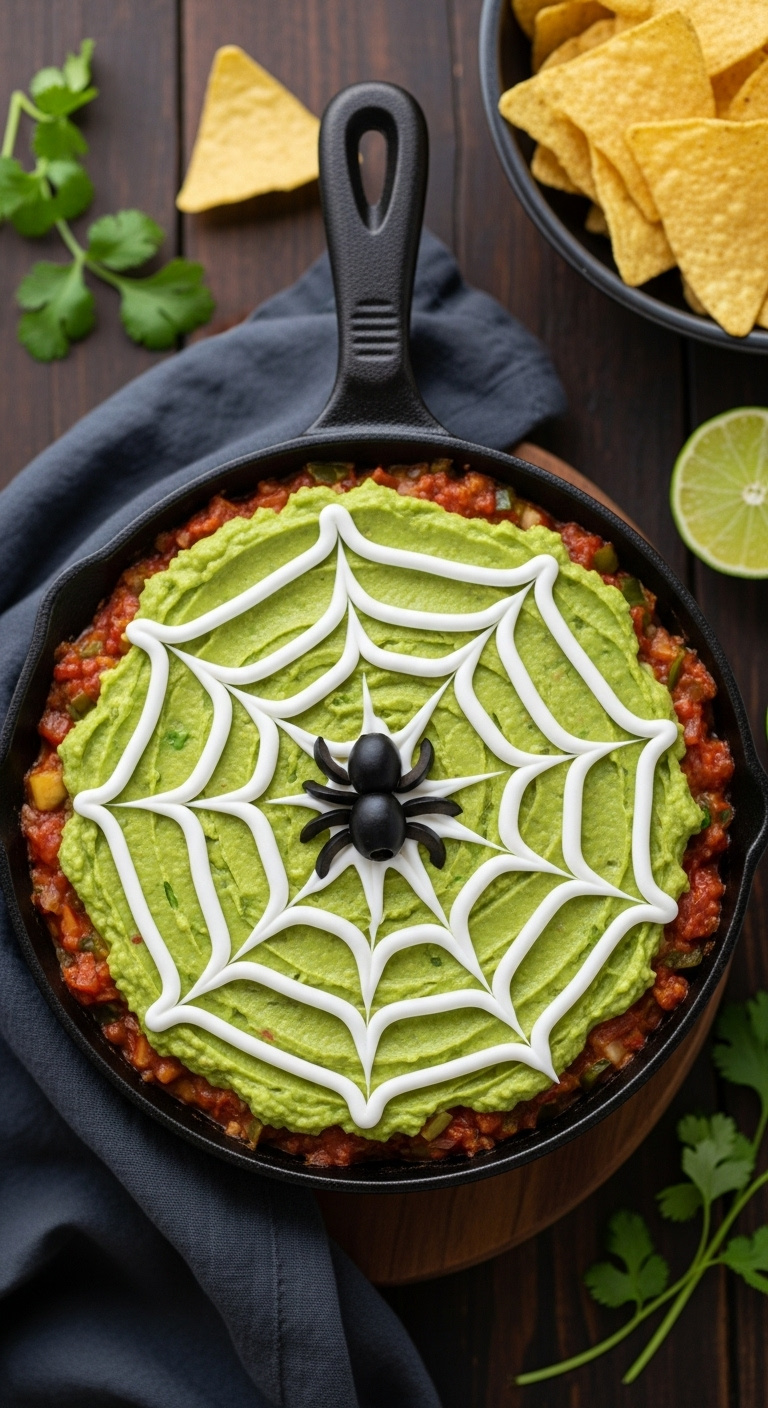 Spiderweb Nacho Dip In A Cast Iron Skillet With An Olive Spider Cilantro And Lime On A Rustic Table