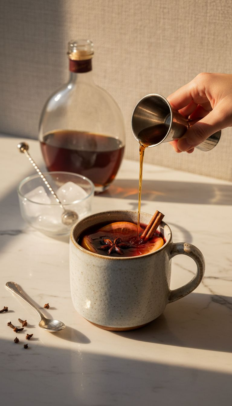 Spiked Wassail In A Stemmed Mug With A Shot Of Dark Rum, Bottle Softly Focused On A Marble Countertop.