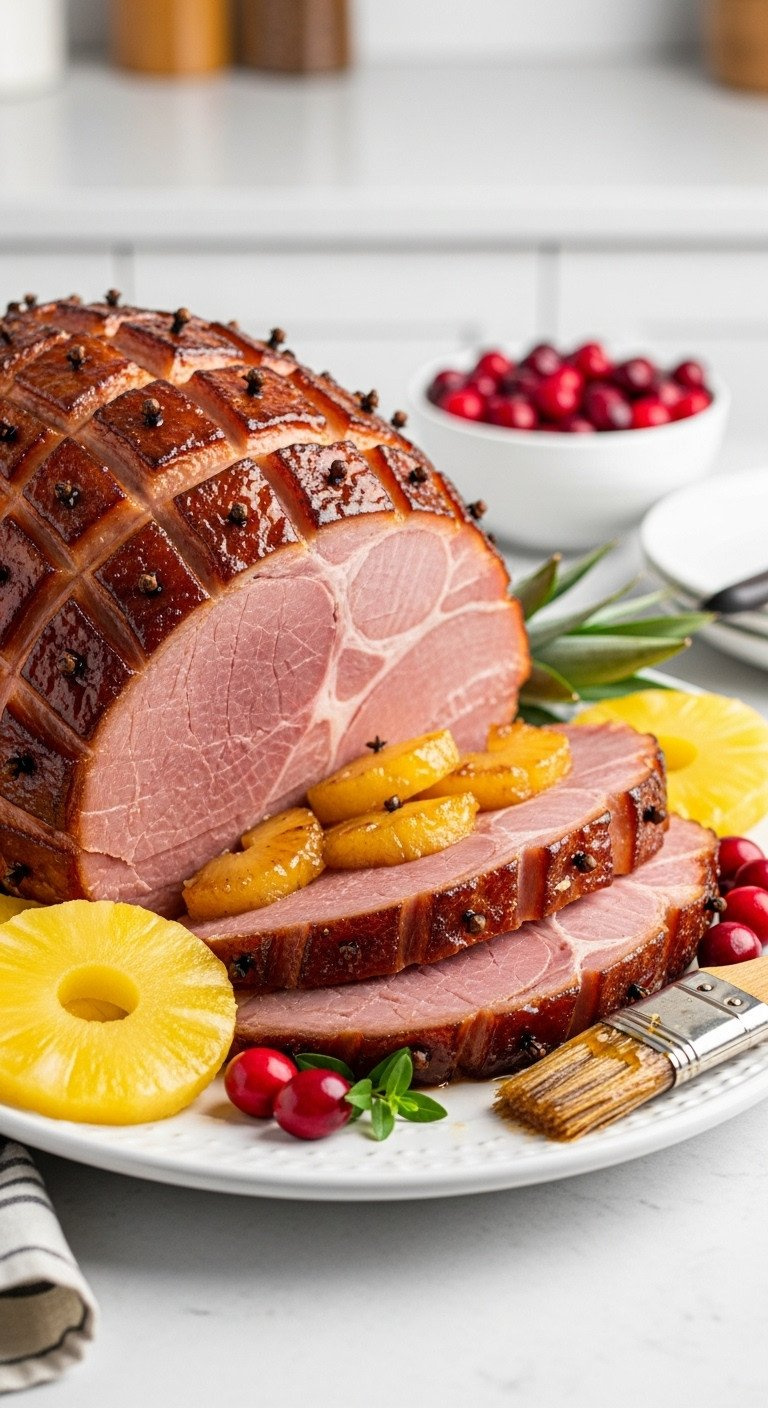 Spiral-Cut Glazed Ham With Caramelized Brown Sugar Pineapple Glaze, Studded With Cloves On White Platter, With Pineapple, Cherries, And Cranberries; Festive Meal.