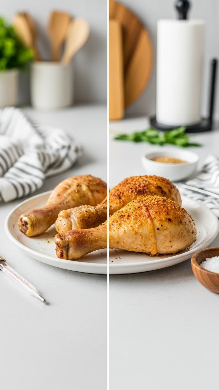 Split Comparison Showing Crispy Golden Chicken Drumstick Versus Pale Soggy-Skinned Drumstick Cooking Demonstration