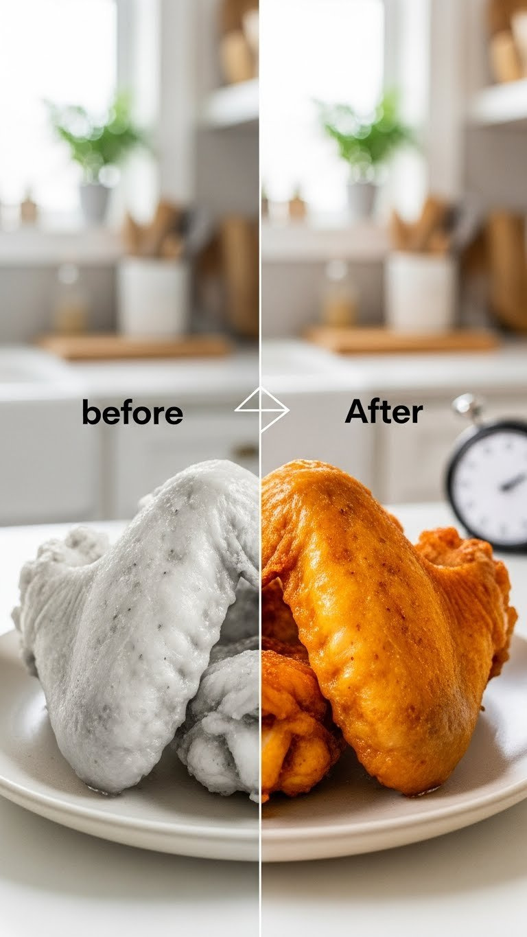 Split Frame Comparison Of Pale Flabby Chicken Wing Versus Perfectly Crispy Golden-Brown Wing Illustrating Cooking Troubleshooting