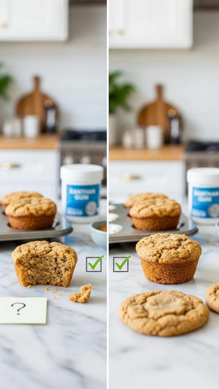 Split Image Showing Keto Baking Troubleshooting With Collapsed Muffin Versus Perfectly Baked Version