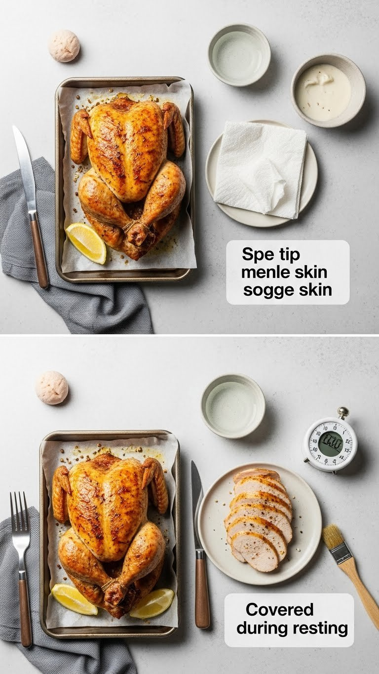 Split-Screen Comparison Showing Roast Chicken Issues And Visual Cooking Tips On Minimalist Backdrop