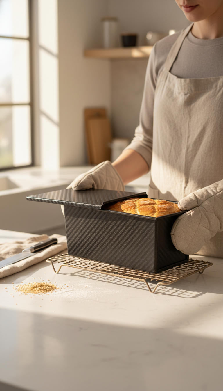A Spmarkt Pullman Pan Next To A Perfectly Baked Square Loaf Of Bread, A Kitchen Scale, And A Notebook For Logging Results.