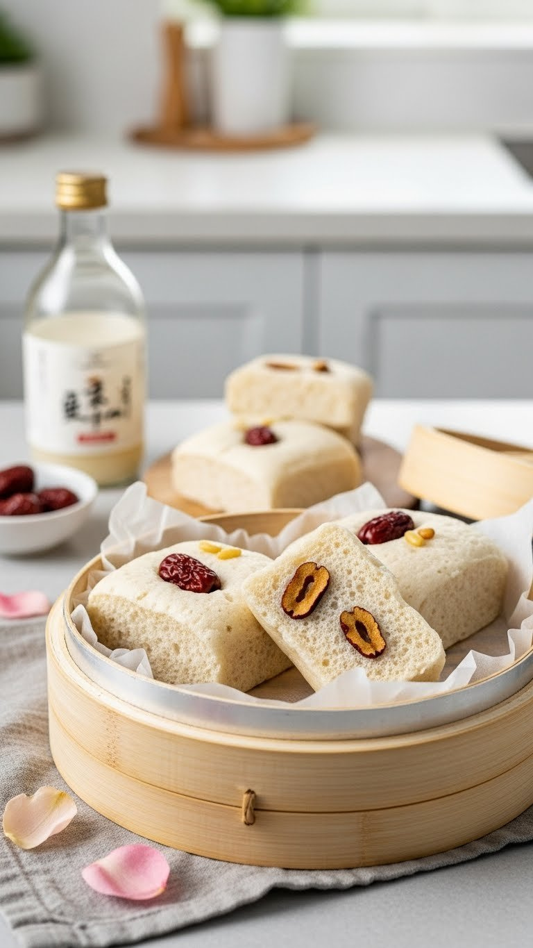 Spongy Korean Jeungpyeon Steamed Bread With Jujube And Pine Nut Garnishes In A Bamboo Steamer Basket. Light, Airy Texture.