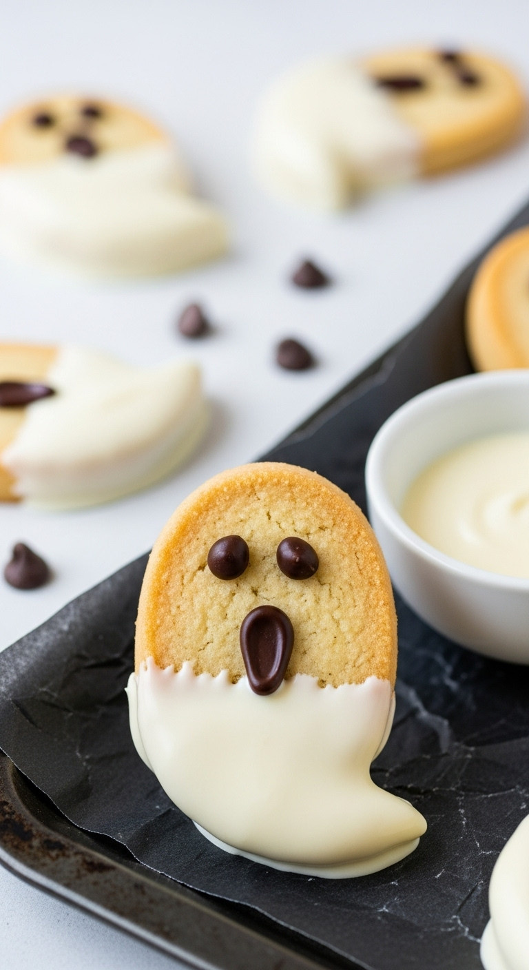 Spookiest No-Bake Gluten-Free Ghost Cookies With Chocolate Chip Faces On Black Parchment Paper