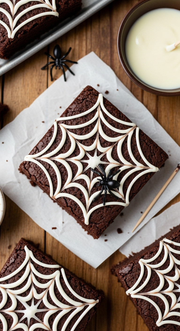 Spooky 5 Ingredient Spiderweb Brownies With White Icing Web And Plastic Spider On Parchment Paper