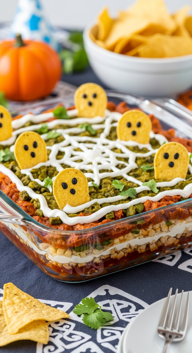 Spooky 7-Layer Graveyard Taco Dip With Chip Tombstones, Sour Cream Spiderweb, Cilantro, And Chips On Tablecloth.