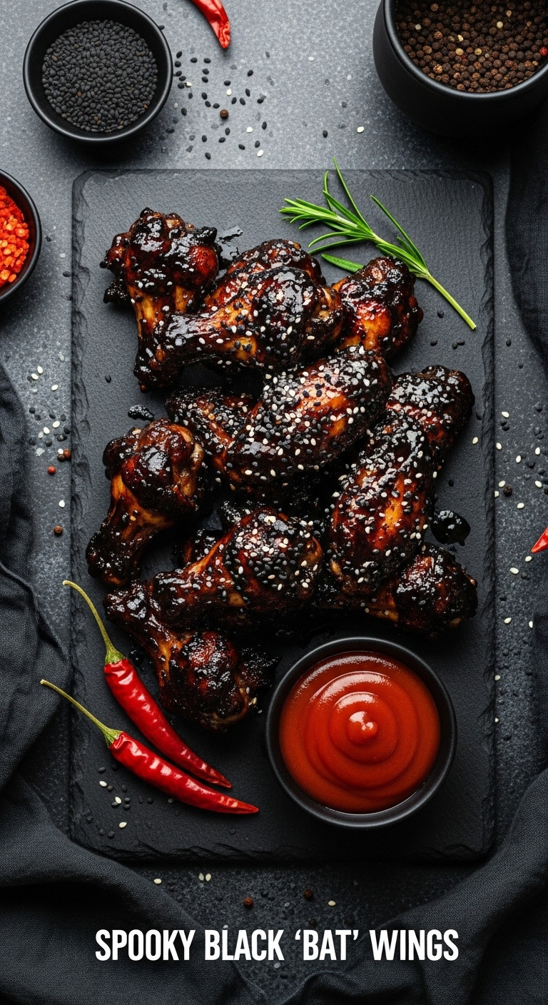 Spooky Black Bat Wings On A Dark Stone Platter With Blood-Red Dipping Sauce And Black Sesame Seeds