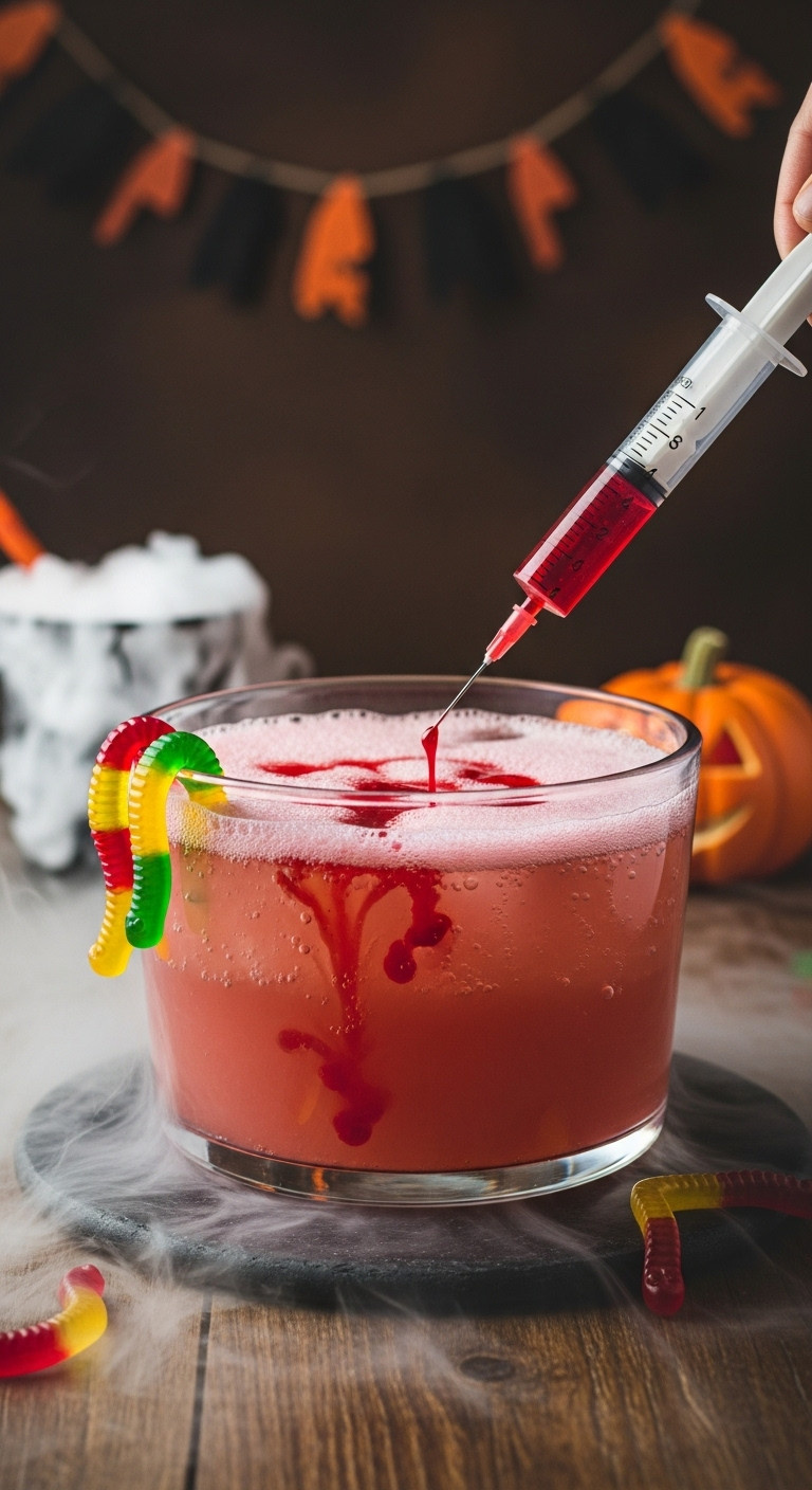 Spooky 'Bleeding' Shirley Temple Punch In A Glass Bowl, Red Grenadine Syringe, Dry Ice Fog, And Gummy Worms.