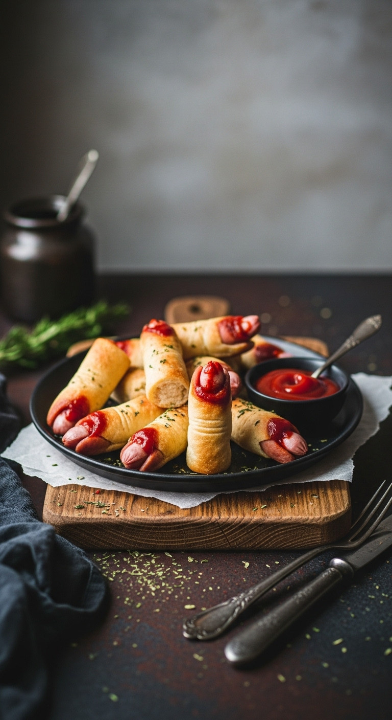 Spooky Bloody Severed Finger Hot Dogs On A Rustic Platter, Shaped Like Fingers With Ketchup 'Blood' For Halloween Party Appetizers.