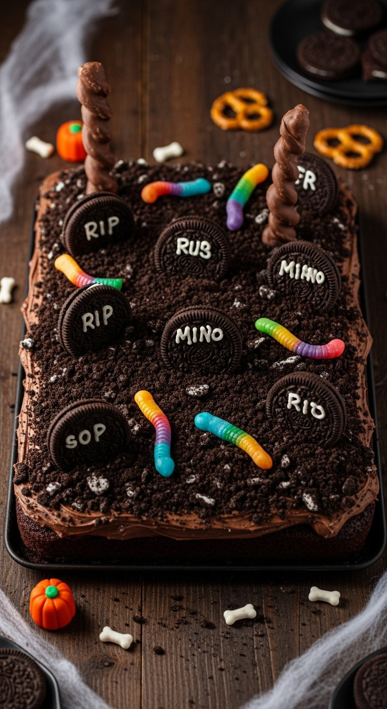 Spooky Graveyard Chocolate Cake With Oreo Dirt Milano Tombstones Gummy Worms And Pretzel Tree