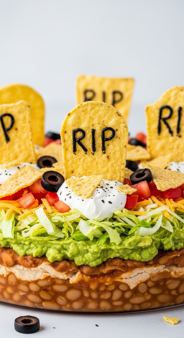Spooky Graveyard Taco Dip With Multi-Layers Of Beans, Guacamole, Sour Cream, Topped With Shredded Lettuce, Cheese, And Tortilla Chip Gravestones.